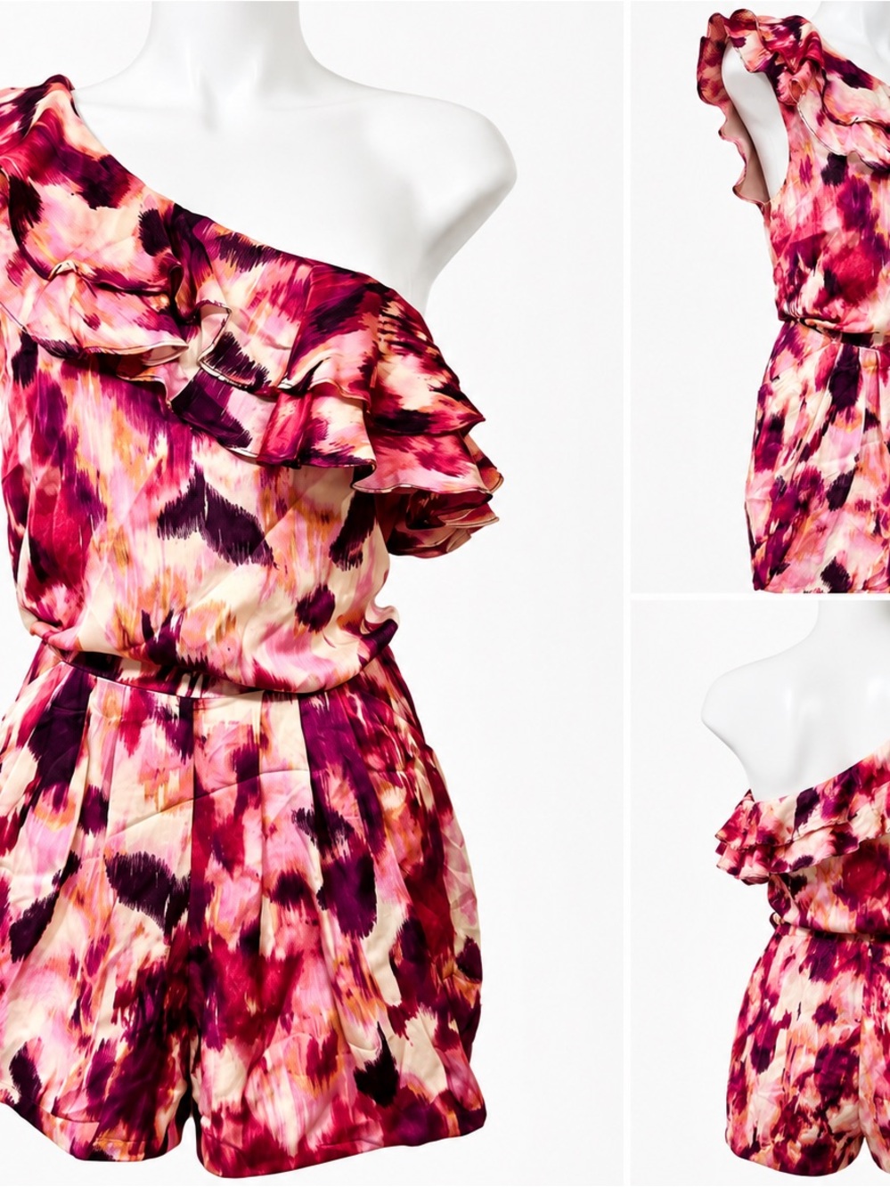 bebe One-Shoulder Ruffle Romper in Magenta and Cream Watercolor Print